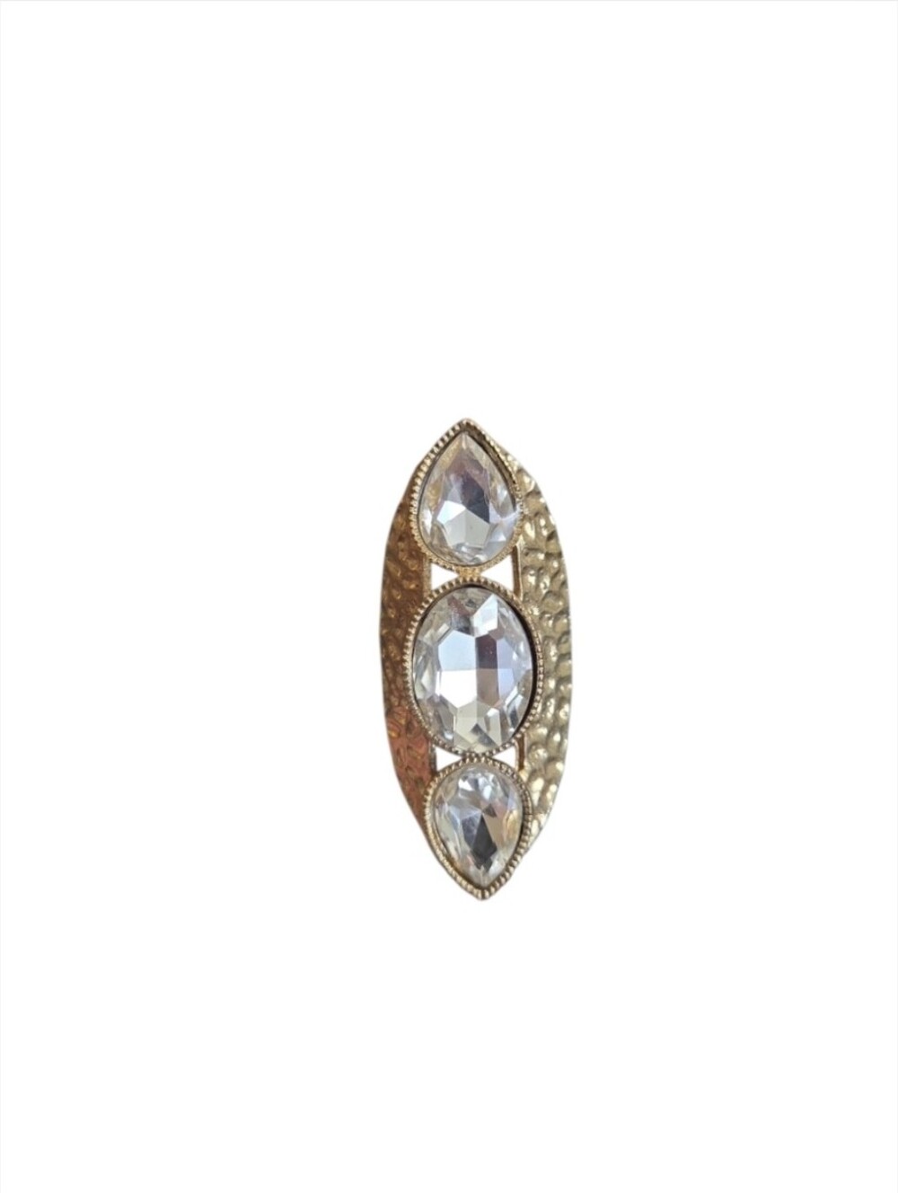 Vintage Size 8 Gold Toned Textured Three Faceted Clear-toned Stone Ring